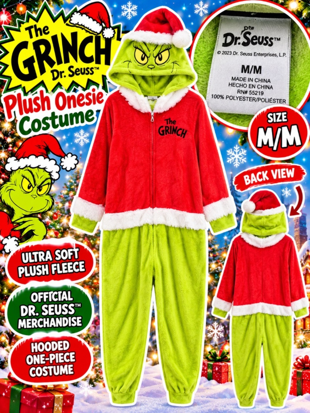 Dr. Seuss The Grinch Plush Hooded Onesie Costume Adult Medium